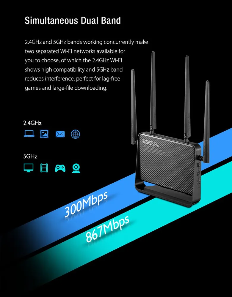 Totolink A950RG | WiFi Router | AC1200, Dual Band, MU-MIMO, 1x RJ45 1000Mb/s, 4x RJ45 100Mb/s Standardy sieci bezprzewodowejIEEE 802.11g
