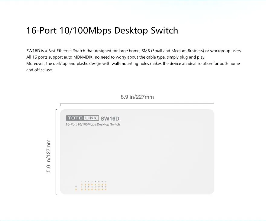 Totolink SW16D | Switch | 16x RJ45 100Mb/s, Kryt Desktop, neřízený 5