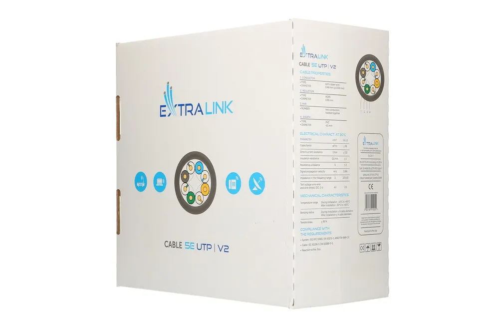 Extralink CAT5E UTP (U/UTP) V2 Interior | Par trenzado | 305M Kabel do montażuWewnątrz budynków