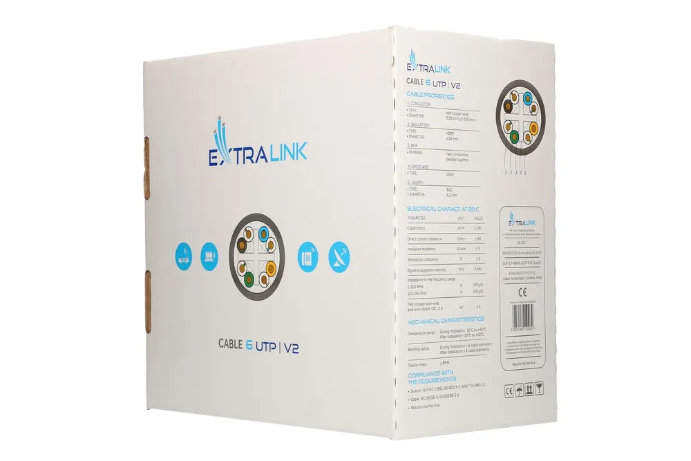 Extralink CAT6 UTP (U/UTP) V2 Interior | Par trenzado | 305M Kabel do montażuWewnątrz budynków