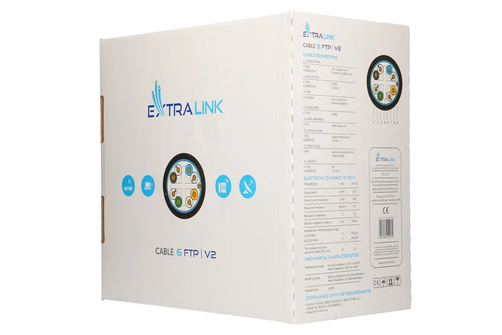 Extralink CAT6 FTP (F/UTP) V2 Exterior | Par trenzado | 305M Kabel do montażuNa zewnątrz budynków