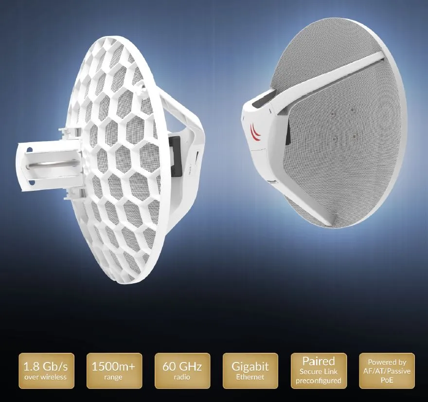 MikroTik Wireless Wire Dish | Radio linia | RBLHGG-60adkit, 60GHz, 1x RJ45 1000Mb/s Maksymalna przepustowość radiolinii1,8 Gbps