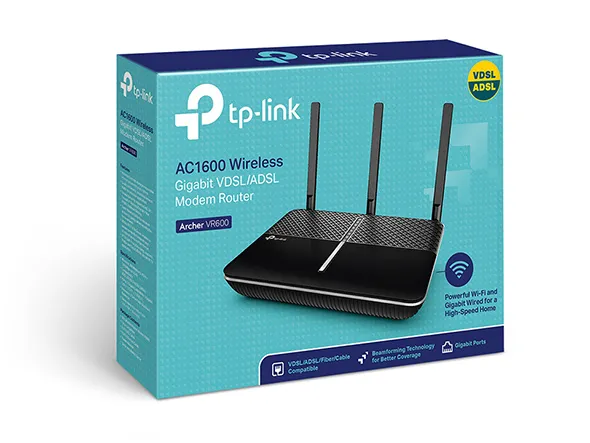 TP-Link Archer VR600 | WiFi Router | AC1600, VDSL/ADSL, Dual Band, 4x RJ45 1000Mb/s, 1x RJ11, 1x USB Maksymalna prędkość transmisji bezprzewodowej1600 Mb/s