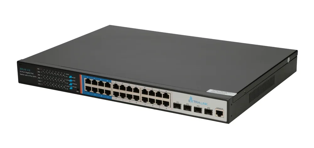 Extralink ZEUS V2 | Switch PoE | 24x Gigabit PoE/PoE+, 4x 10G SFP+, 1x Port Konzolový, 440W, L2/L3, Řízený Moc (W)400