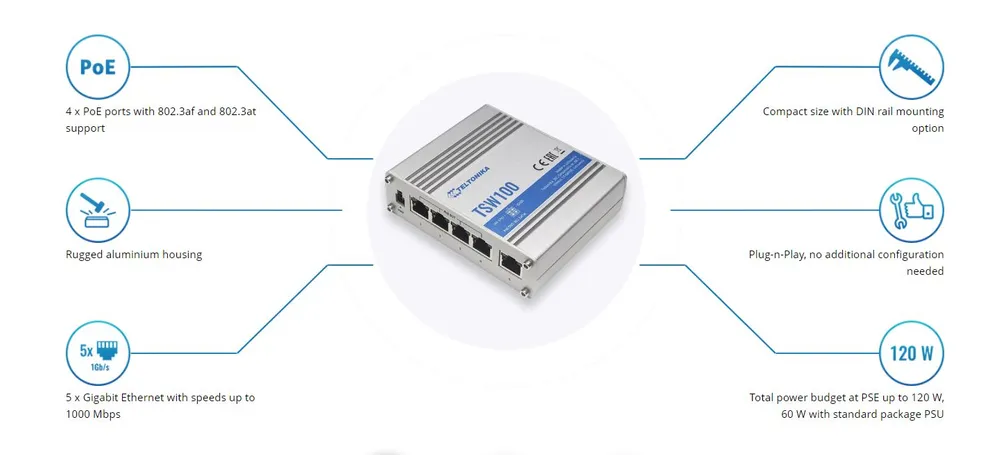 Teltonika TSW100 | Switch PoE | 5x RJ45 1000Mb/s, 4x PoE, 60W Typ obudowyMetalowa