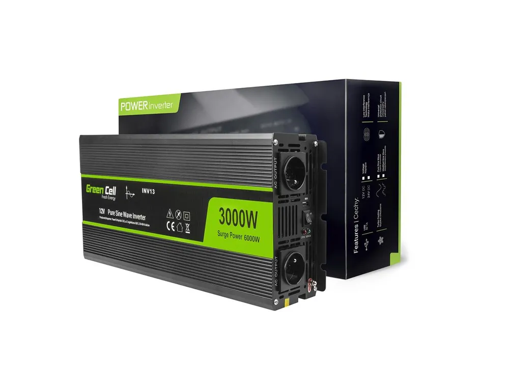 Green Cell INV15 | Convertidor de voltaje para coche | 12V, 3000W, onda sinusoidal pura 0