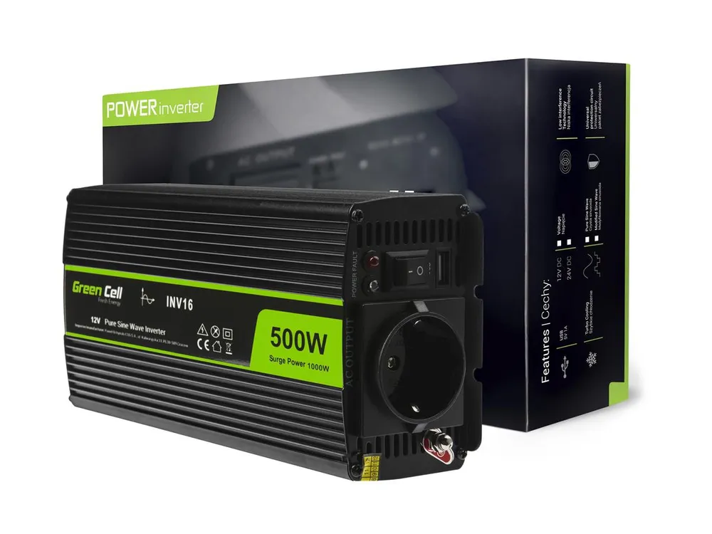 Green Cell INV16 | Convertitore di tensione | 12V, 500W, onda sinusoidale pura Napięcie wejściowe12V