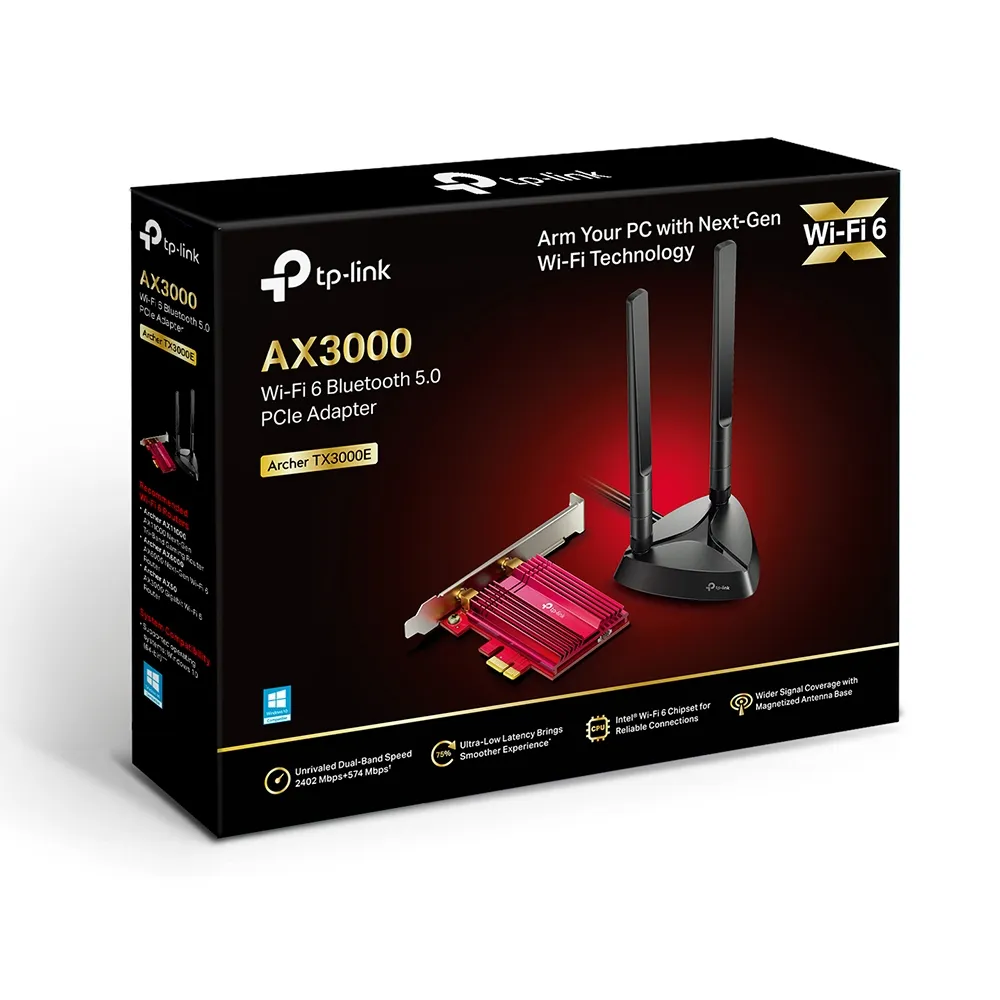 TP-LINK ARCHER TX3000E PCI-E ADAPTER AX3000 2.4GHZ, 5GHZ, BLUETOOTH 5.0 Maksymalna prędkość transmisji bezprzewodowej3000 Mb/s