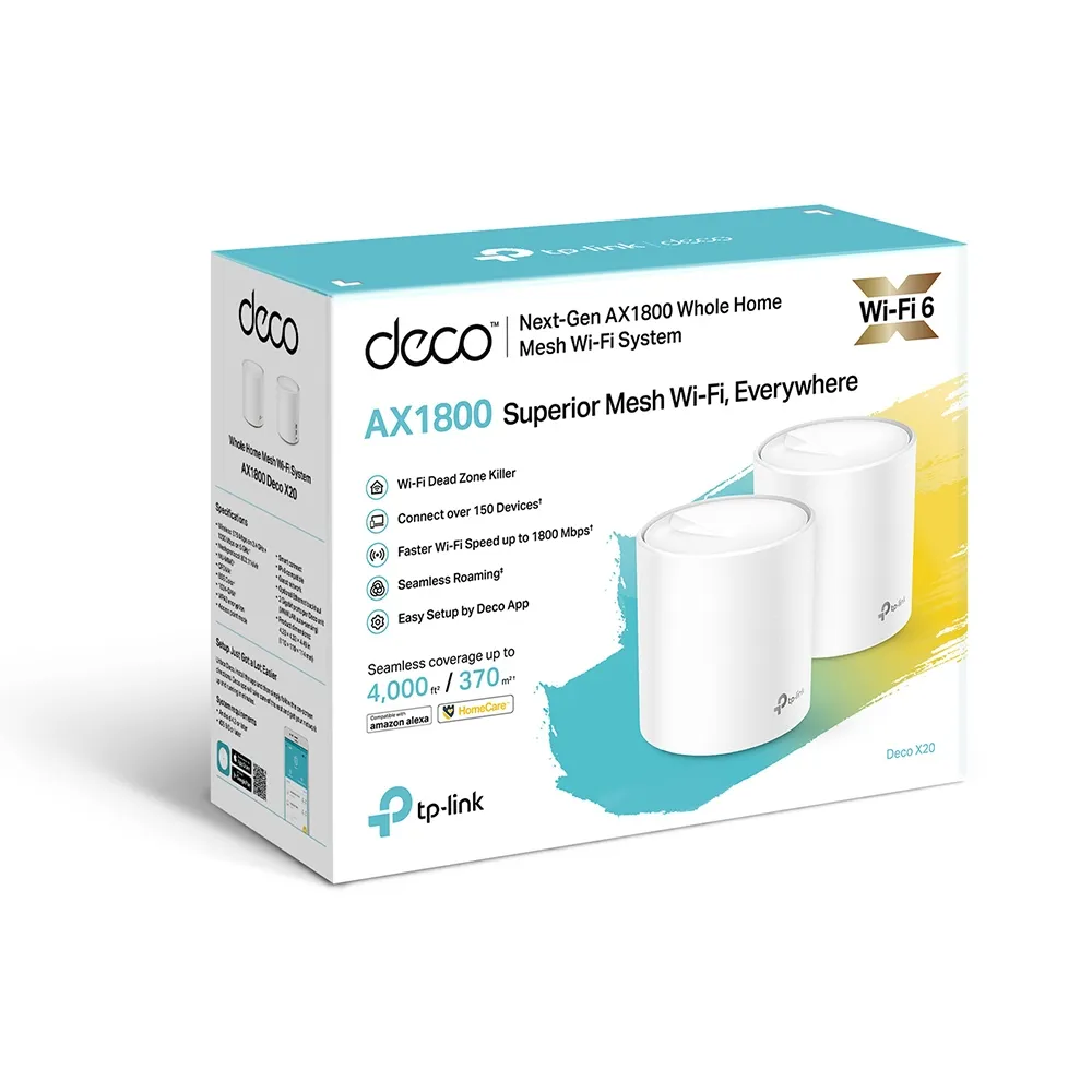 TP-Link Deco X20 2-Pack | Mesh System | AX1800, Dual Band, OFDMA, MU-MIMO, 2x RJ45 1000Mb/s Maksymalna prędkość transmisji bezprzewodowej1800 Mb/s