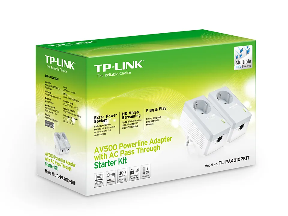 TP-Link TL-PA4010P KIT | Power Line | AV500, 1x RJ45 100Mb/s, S elektrickou zásuvkou, dva adaptéry Przepustowość przez sieć elektryczną500Mb/s