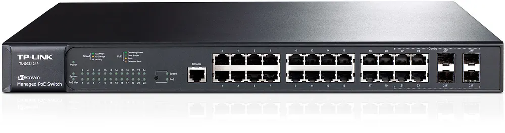 TP-Link TL-SG3424P | Switch | 24x RJ45 1000Mb/s PoE+, 4x SFP, 320W, Rack, Řízený