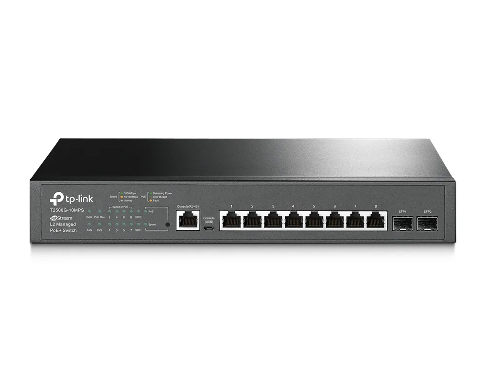 TP-Link T2500G-10MPS | Switch | 8x RJ45 1000Mb/s PoE+, 2x SFP, Rack, Gestionado