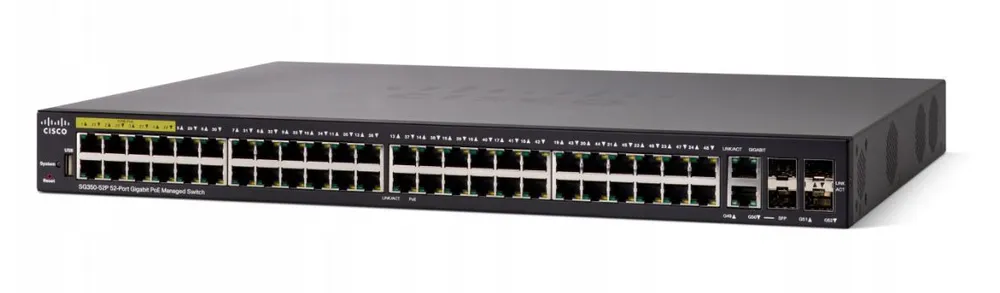Cisco SG350-52P | Switch PoE | 48x 1000Mb/s PoE, 375W, 2x Combo(RJ45/SFP) + 2x SFP, Administrado