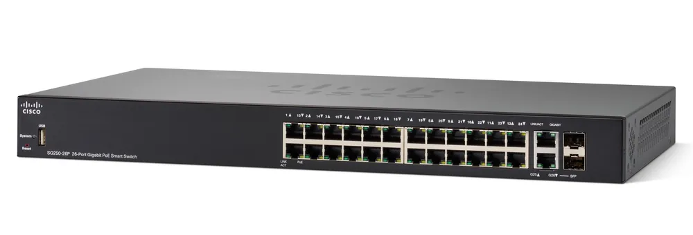 Cisco SG250-26P | Switch PoE | 24x 1000Mb/s PoE/PoE+, 2x 1Gb/s Combo, PoE 195W, gestionado