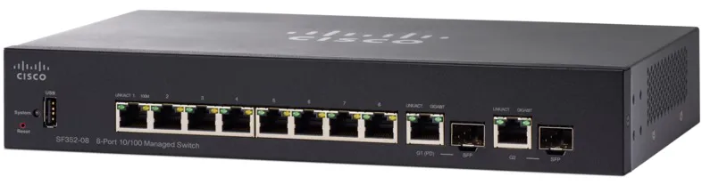 Cisco SF352-08 | Switch | 8x 100Mb/s, 2x 1Gb/s Combo(RJ45/SFP), gestionado, - Partner oficial de