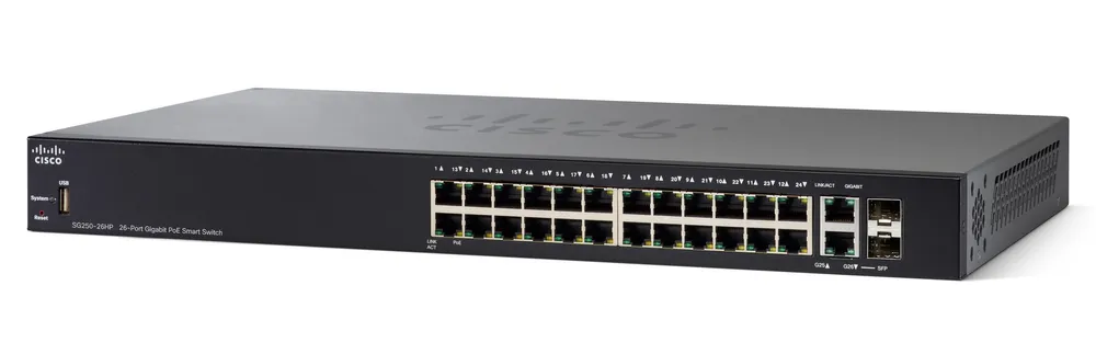 Cisco SG250-26HP | PoE Switch | 24x 1000Mb/s PoE/PoE+, 2x 1Gb/s Combo, PoE 100W, gerenciado