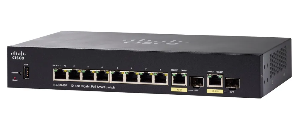 Cisco SG250-10P | PoE Switch | 8x 1000Mb/s PoE/PoE+, 2x 1Gb/s Combo, 62W, PoE In, gestionado