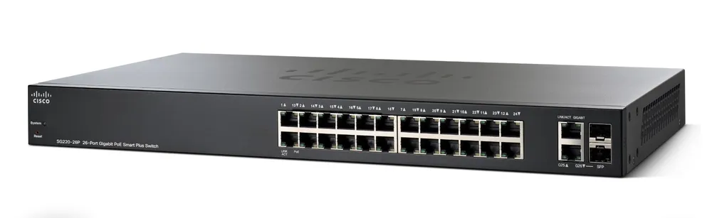 Cisco SG220-26P | Switch PoE | 24x 1000Mb/s, 2x SFP/RJ45 Combo, 24x PoE, 180W, gestionado, montaje en rack