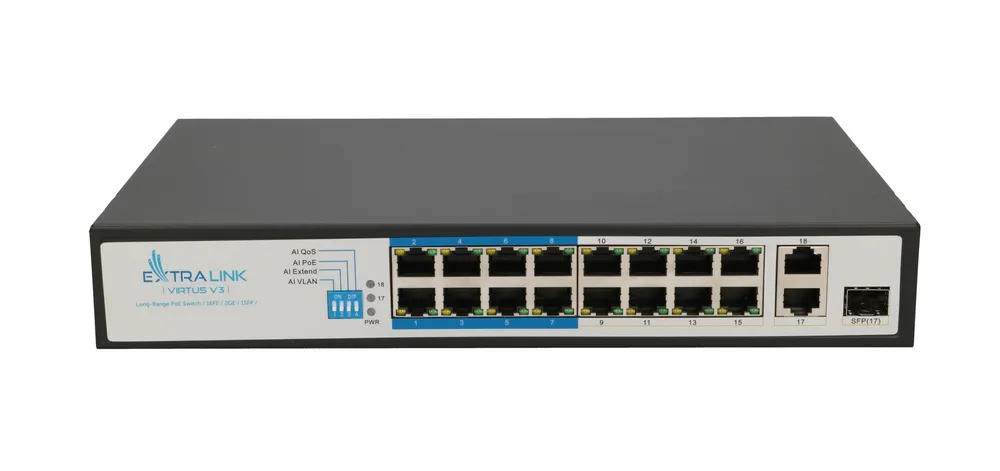 Extralink VIRTUS V3 | Switch PoE | 16x 100Mb/s PoE/PoE+, 2x Gigabit RJ45 + 1x SFP, 150W
