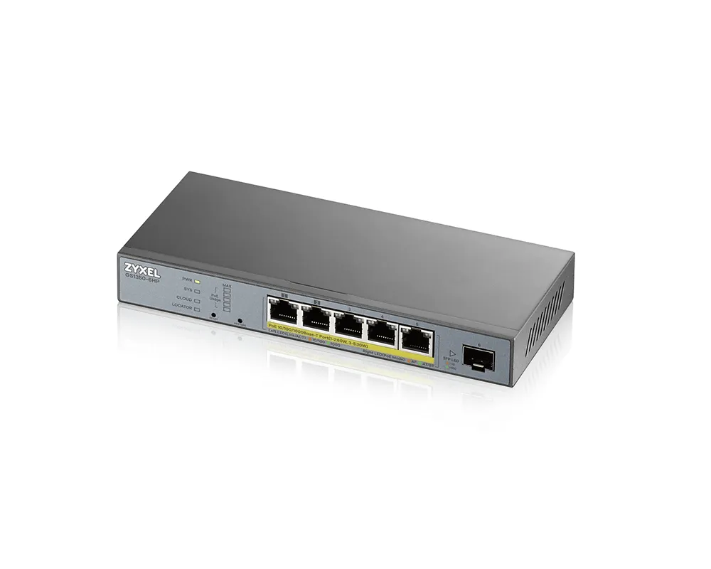 Zyxel GS1350-6HP | Switch | para monitoreo, 5x RJ45 1000Mb/s PoE, 1x SFP, 60W, gestionado
