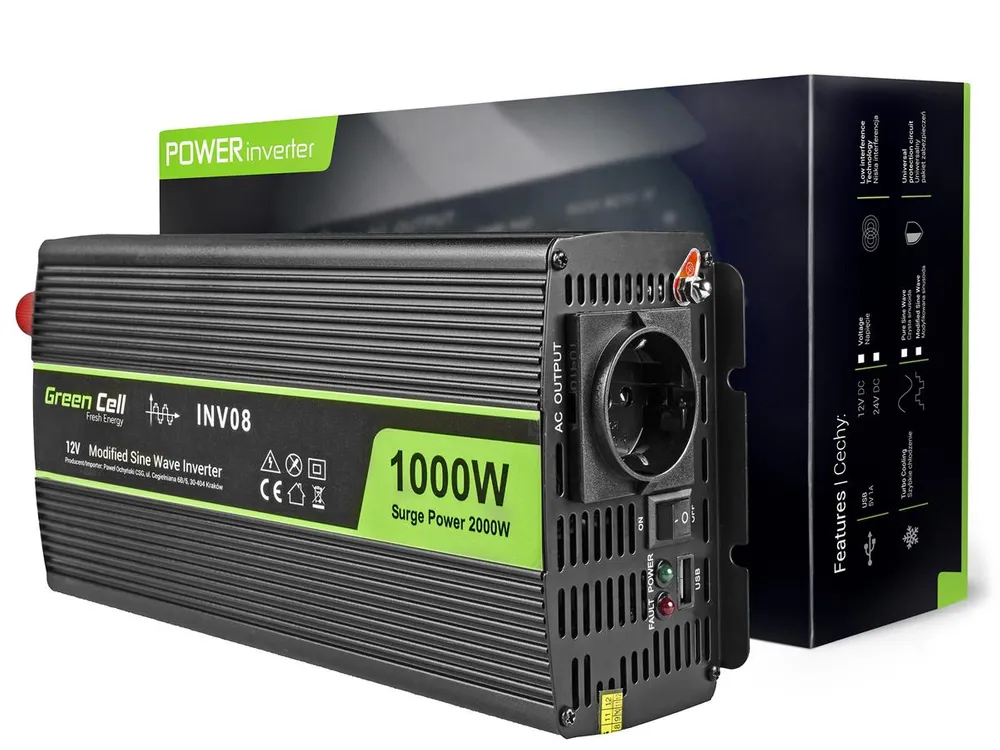 Green Cell INV08 | Convertidor de voltaje para coche | 12V, 1000W