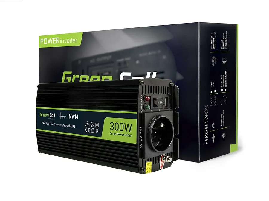 Green Cell INV14 | Convertidor de voltaje para coche | 24V, 300W, onda sinusoidal pura