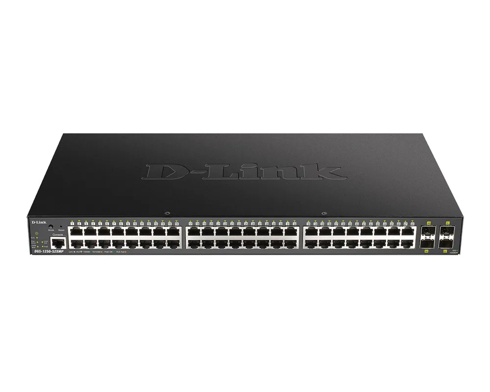 DGS-1250-52XMP | Switch | 48x RJ45 1000Mb/s PoE, 4x SFP+, 370W