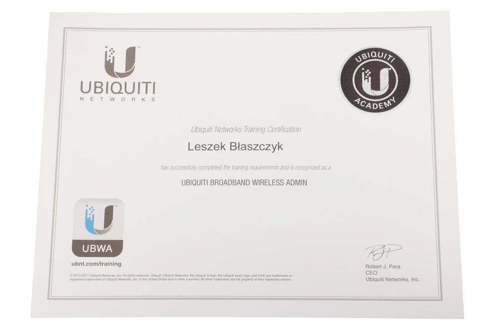 Certyfikat UBWA UBIQUITI Broadband Wireless Admin