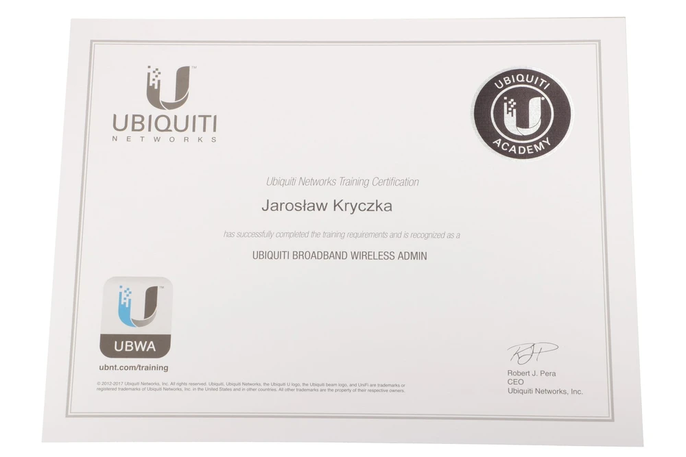 Certyfikat UBWA UBIQUITI Broadband Wireless Admin