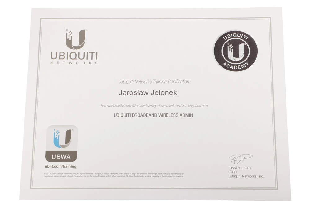 Certyfikat UBWA UBIQUITI Broadband Wireless Admin