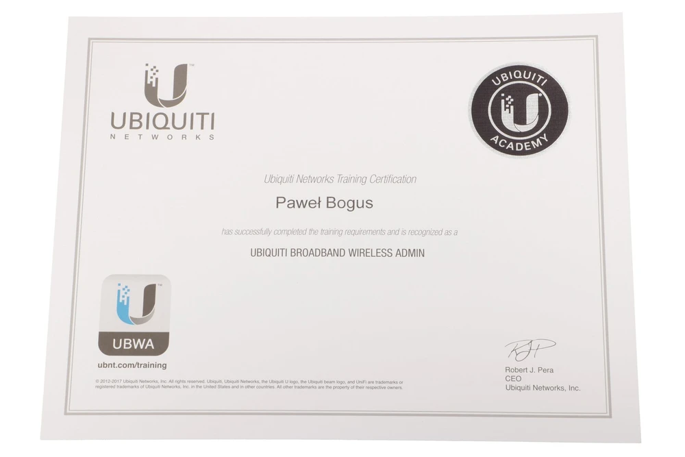Certyfikat UBWA UBIQUITI Broadband Wireless Admin