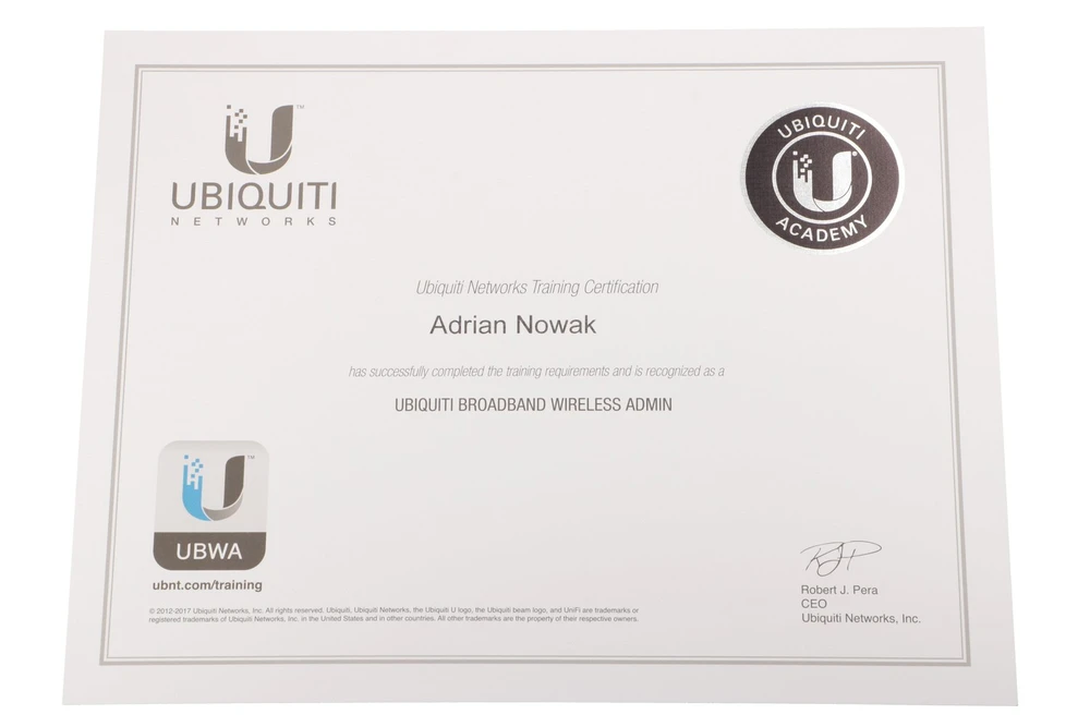 Certyfikat UBWA UBIQUITI Broadband Wireless Admin