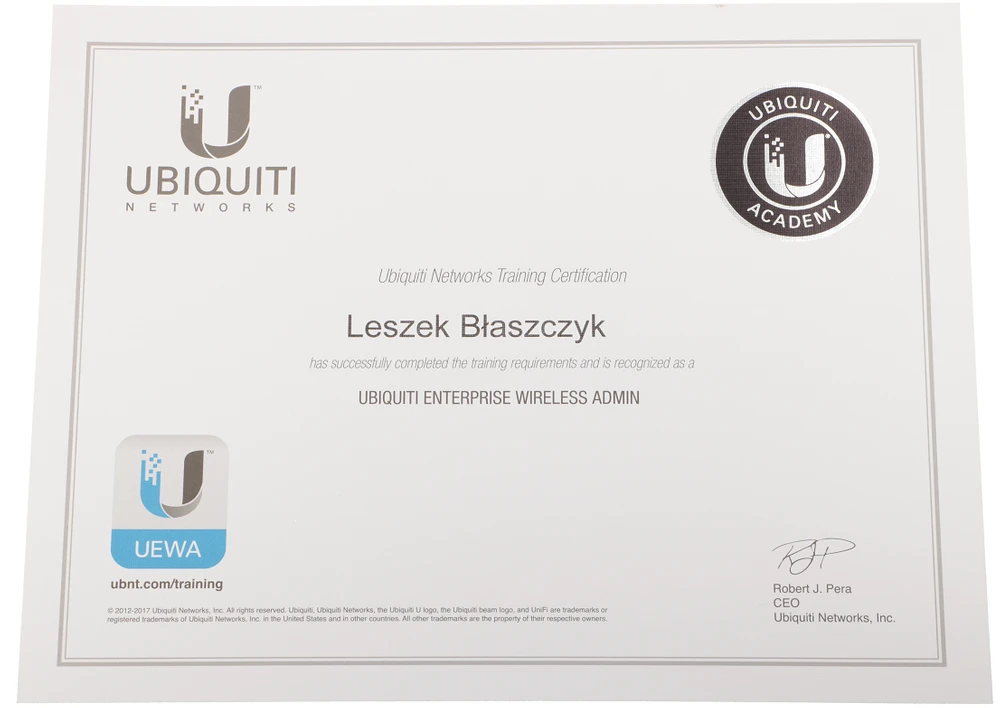 Certyfikat UEWA UBIQUITI Enterprise Wireless Admin