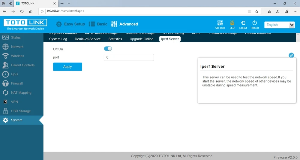 Totolink A3002RU-V2 iperf server