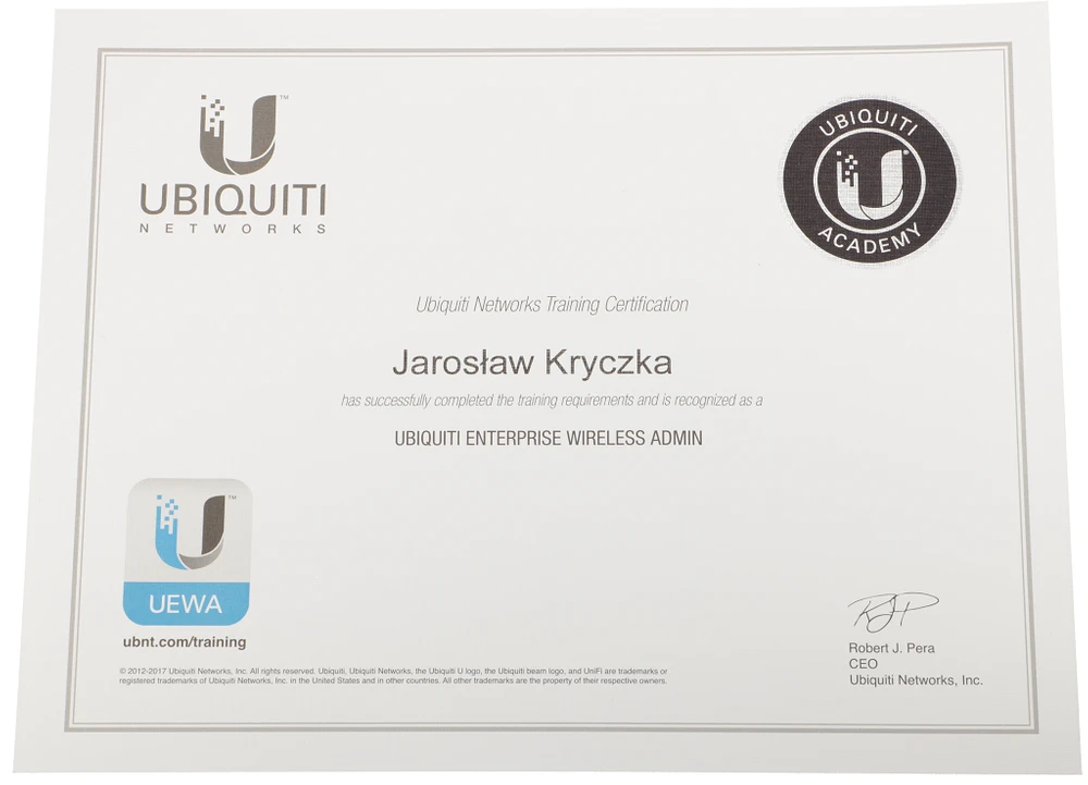 Certyfikat UEWA UBIQUITI Enterprise Wireless Admin