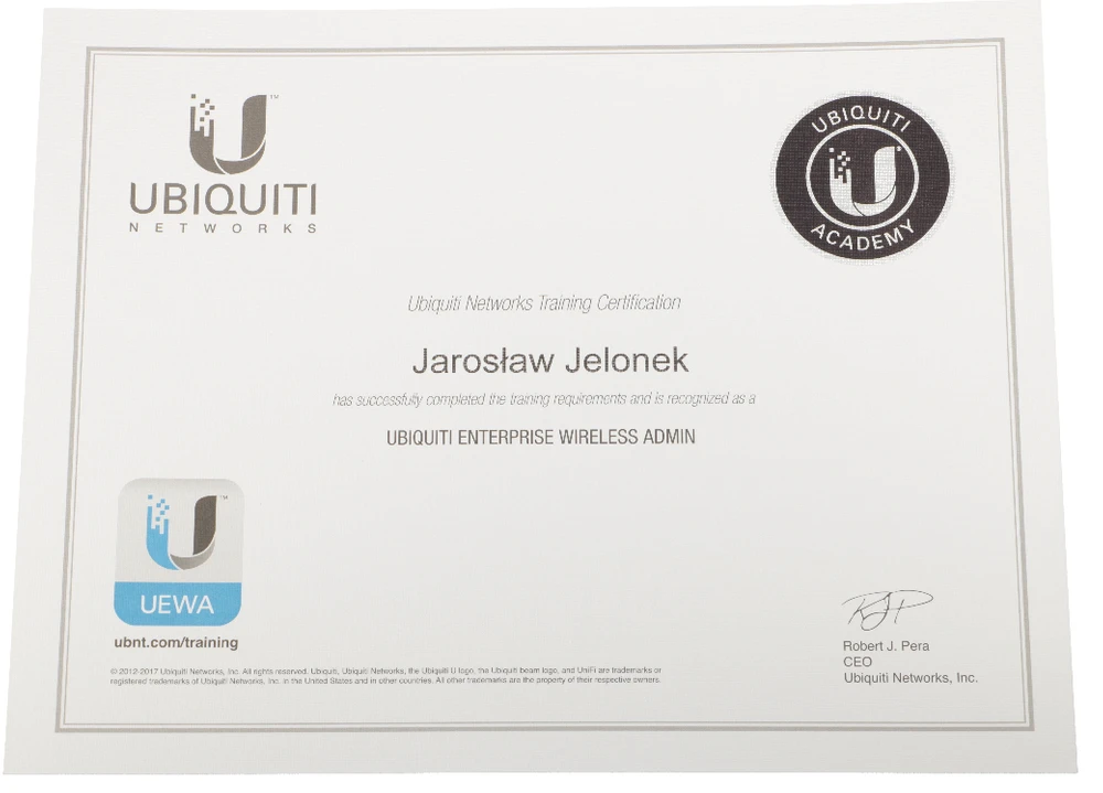 Certyfikat UEWA UBIQUITI Enterprise Wireless Admin