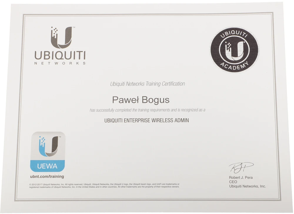Certyfikat UEWA UBIQUITI Enterprise Wireless Admin