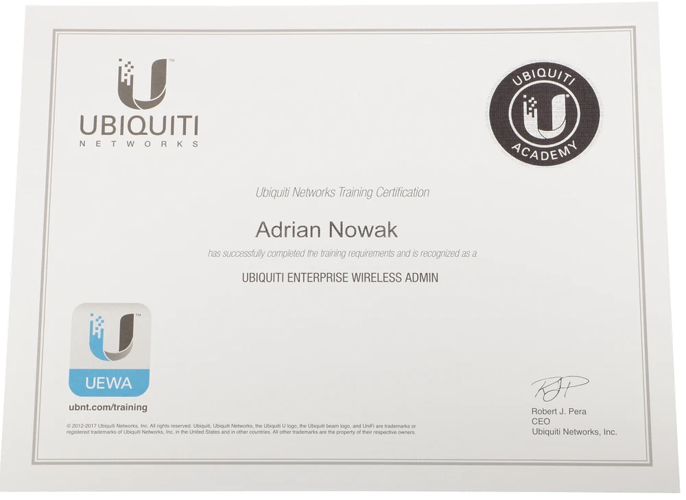 Certyfikat UEWA UBIQUITI Enterprise Wireless Admin