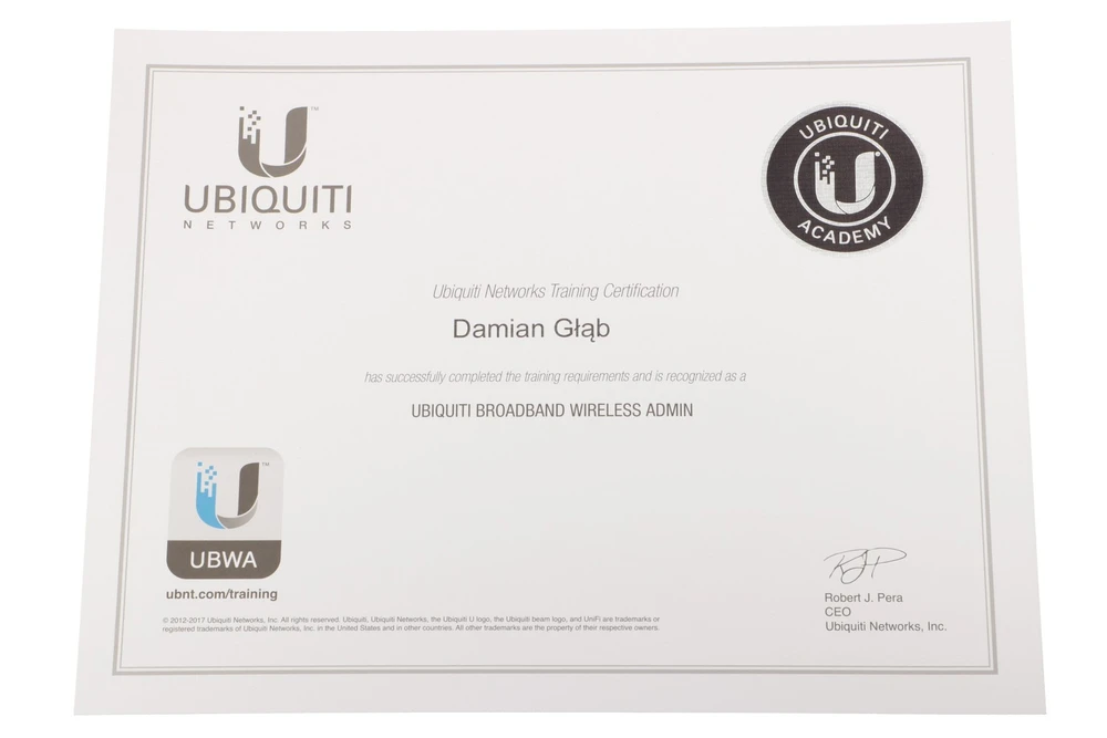 Certyfikat UBWA UBIQUITI Broadband Wireless Admin