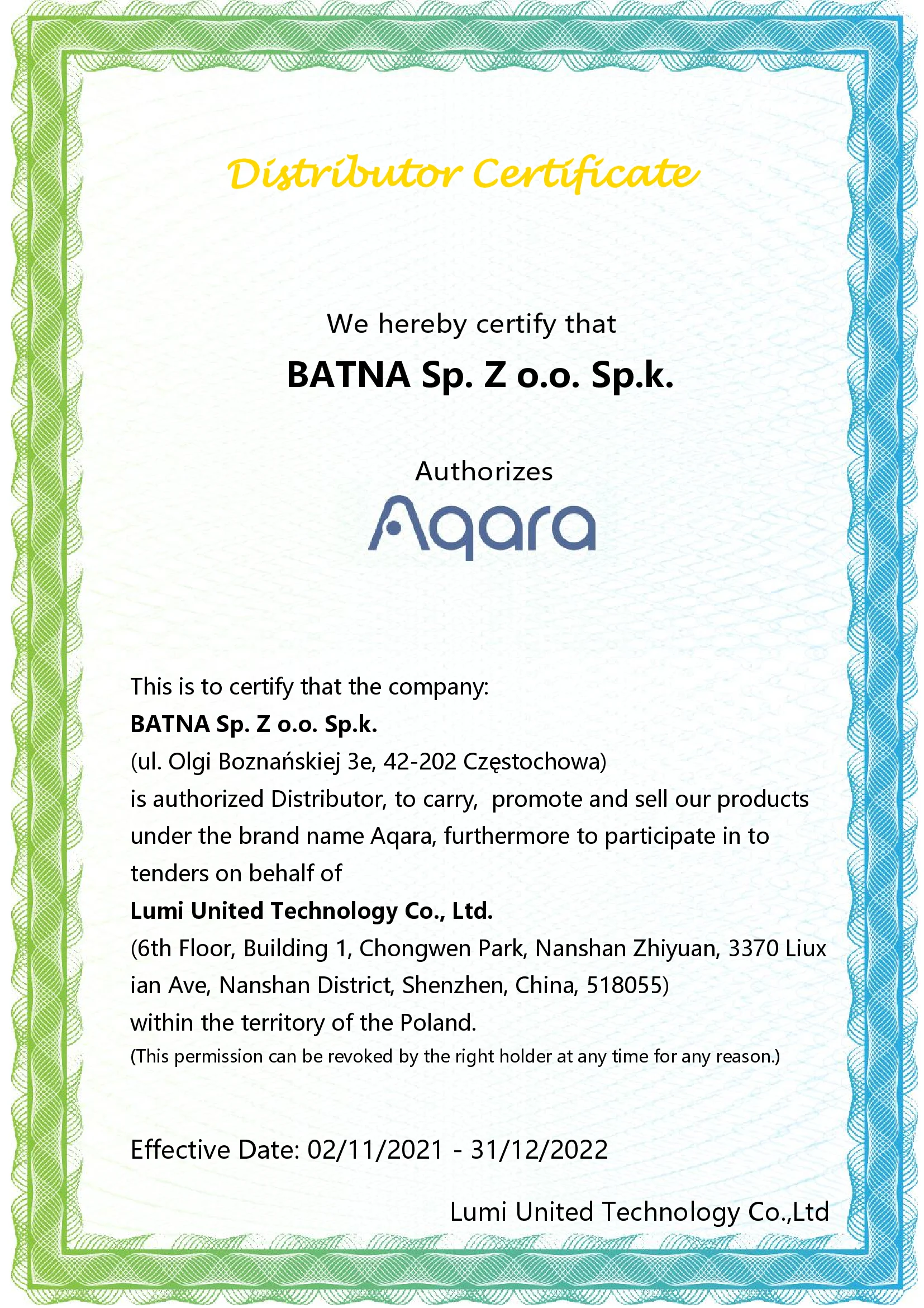 Official Authorization Letter AQARA