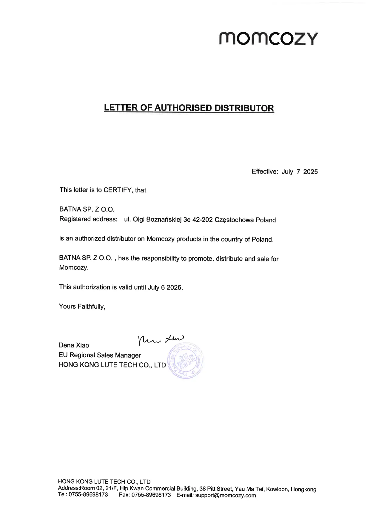 Momcozy Authorization Letter