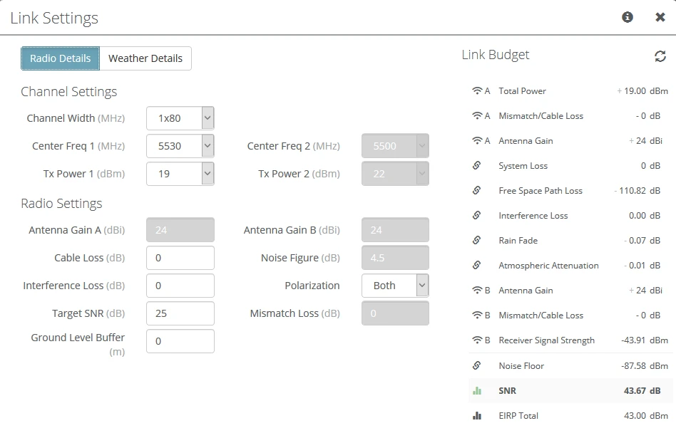 Configurações do Mimosa A5x