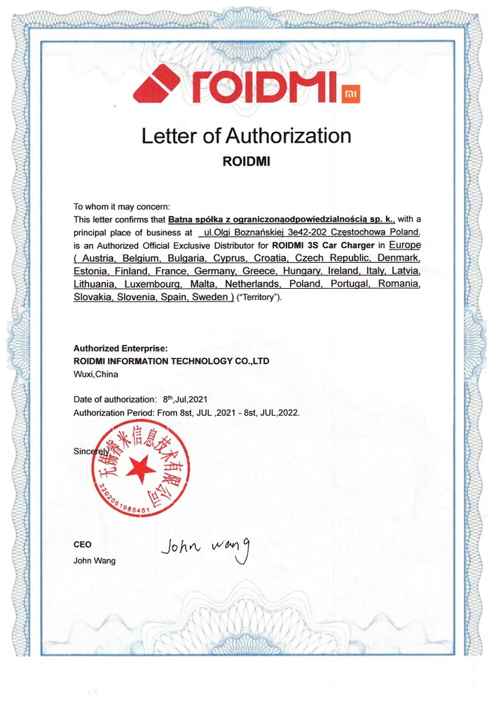 Authorization Letter Roidmi Batna Europe