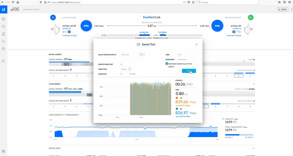 Ubiquiti airFiber60 SpeedTest duplex