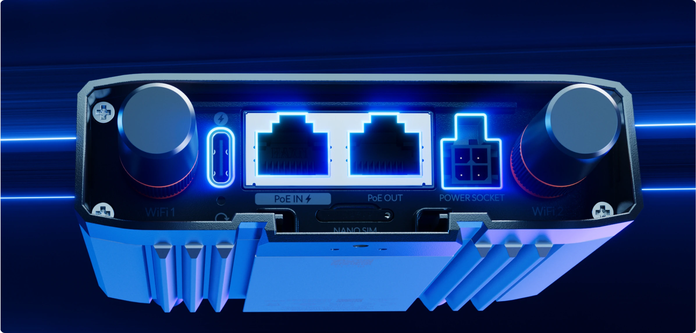 2 portas GbE entrada/saída PoE, USB-C, alimentação CC de 4 pinos