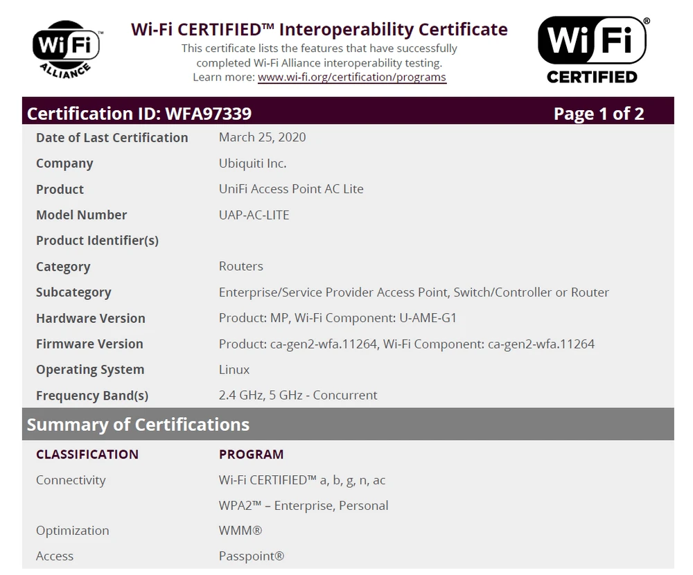 Vifialiance cert ubiquiali uap-ac-lite