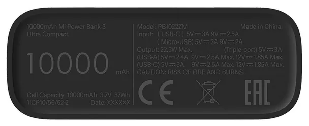  Mi Ultra Compact - Banco de energía de 10000 mAh, 3.0 A, 22.5  W, 37 Wh, carga 3 dispositivos a la vez a través de 2 puertos USB, 1 puerto  USB-C