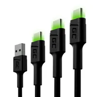 Green Cell KABGCSET01 | Conjunto de 3x cabo USB | USB - USB-C 30cm, 120cm, 200cm, LED verde, carregamento rápido Ultra Charge, QC 3.0 0