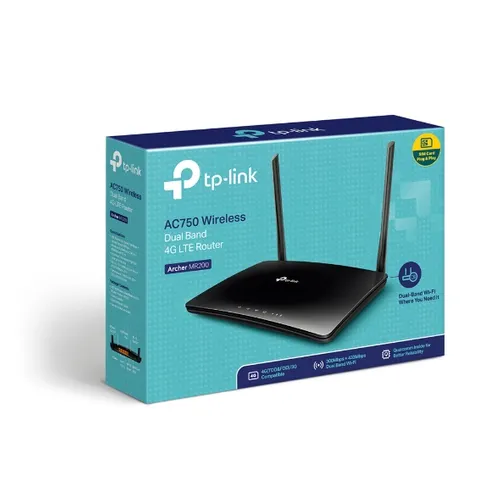 TP-Link Archer MR200 | Router LTE | AC750, Dual Band, 4x RJ45 100Mb/s, 1x SIM Maksymalna prędkość transmisji bezprzewodowej750 Mb/s