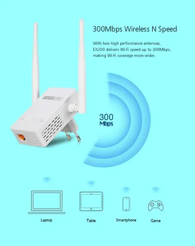 Totolink EX200 | Wzmacniacz sygnału WiFi | 300Mb/s, 2,4GHz, 1x RJ45 100Mb/s, 2x 4dBi Diody LEDStatus